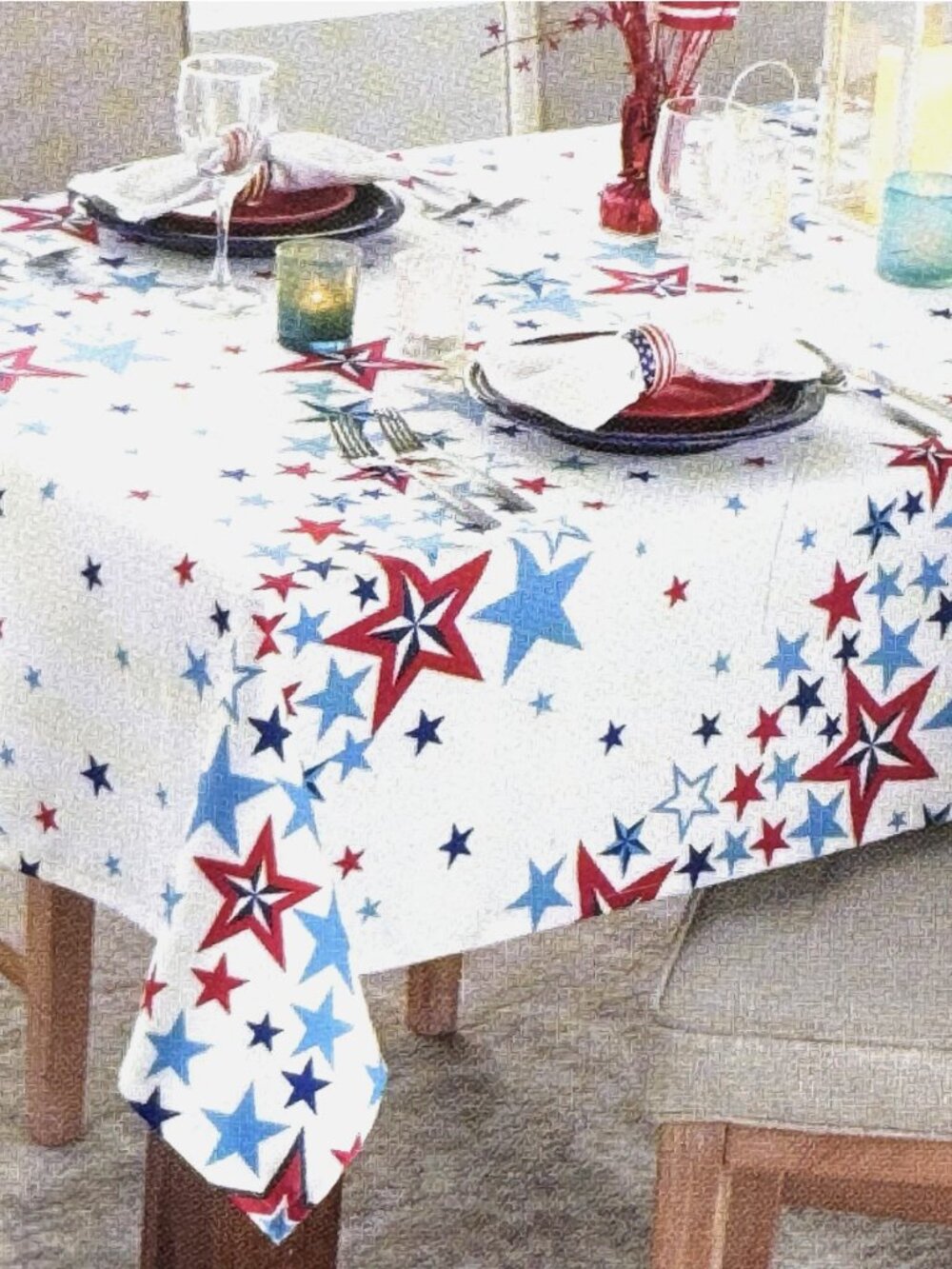 Tommy Bahama Red Blue Patriotic Stars Tablecloth 60x120 Americana 4th of July